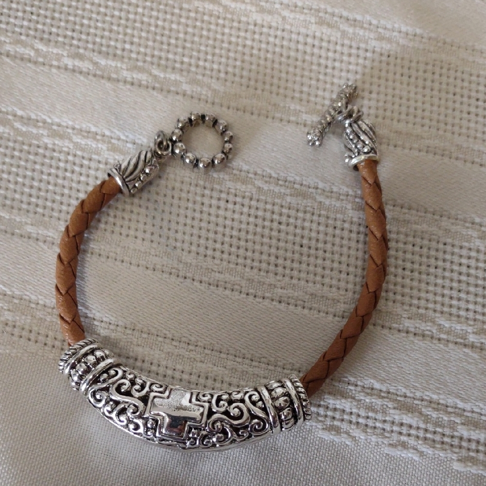 Celtic Silver Tone and Tan Braided Bracelet